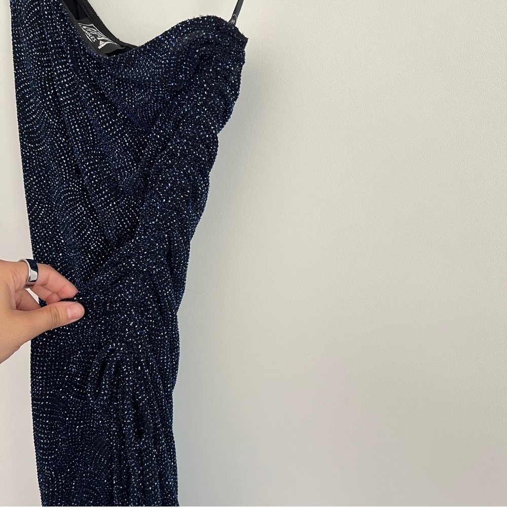 Vintage NWT Blue Sparkle Glitter One Shoulder Y2K Ruched Dress Size L - Picture 9 of 13